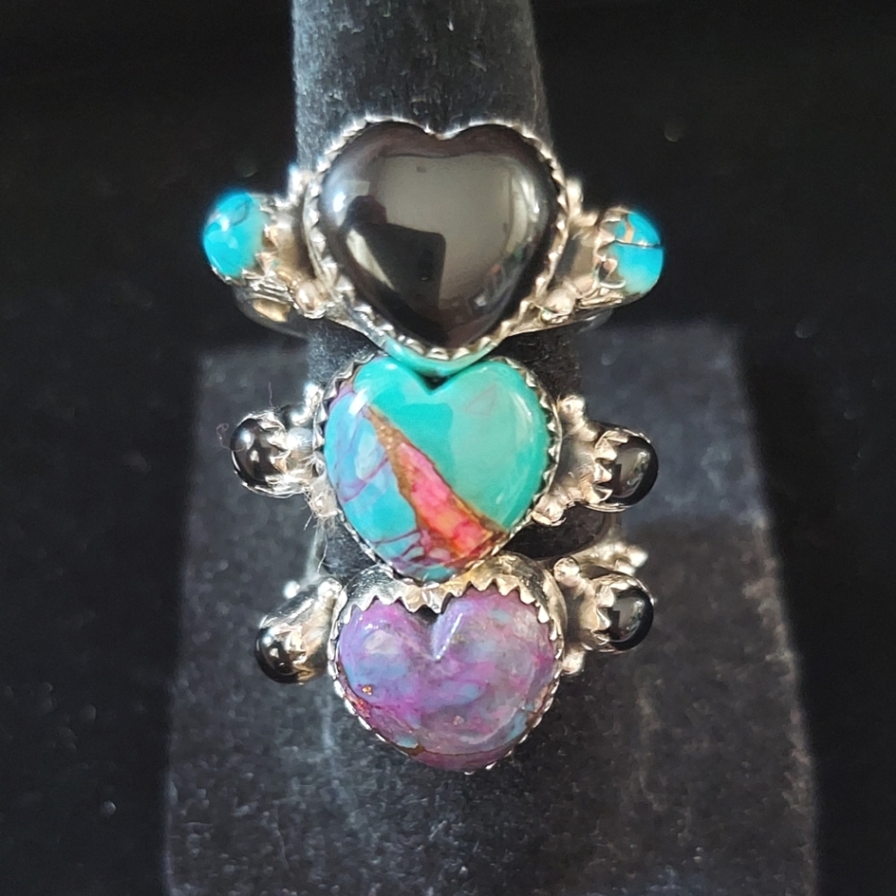 Sterling Silver Heart Ring Onyx and Turquoise Size 8.5